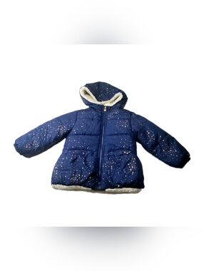 Oshkosh B'gosh Puffer Jacket Kids Girls 4T Navy Blue Sherpa Lining Hooded Stars
